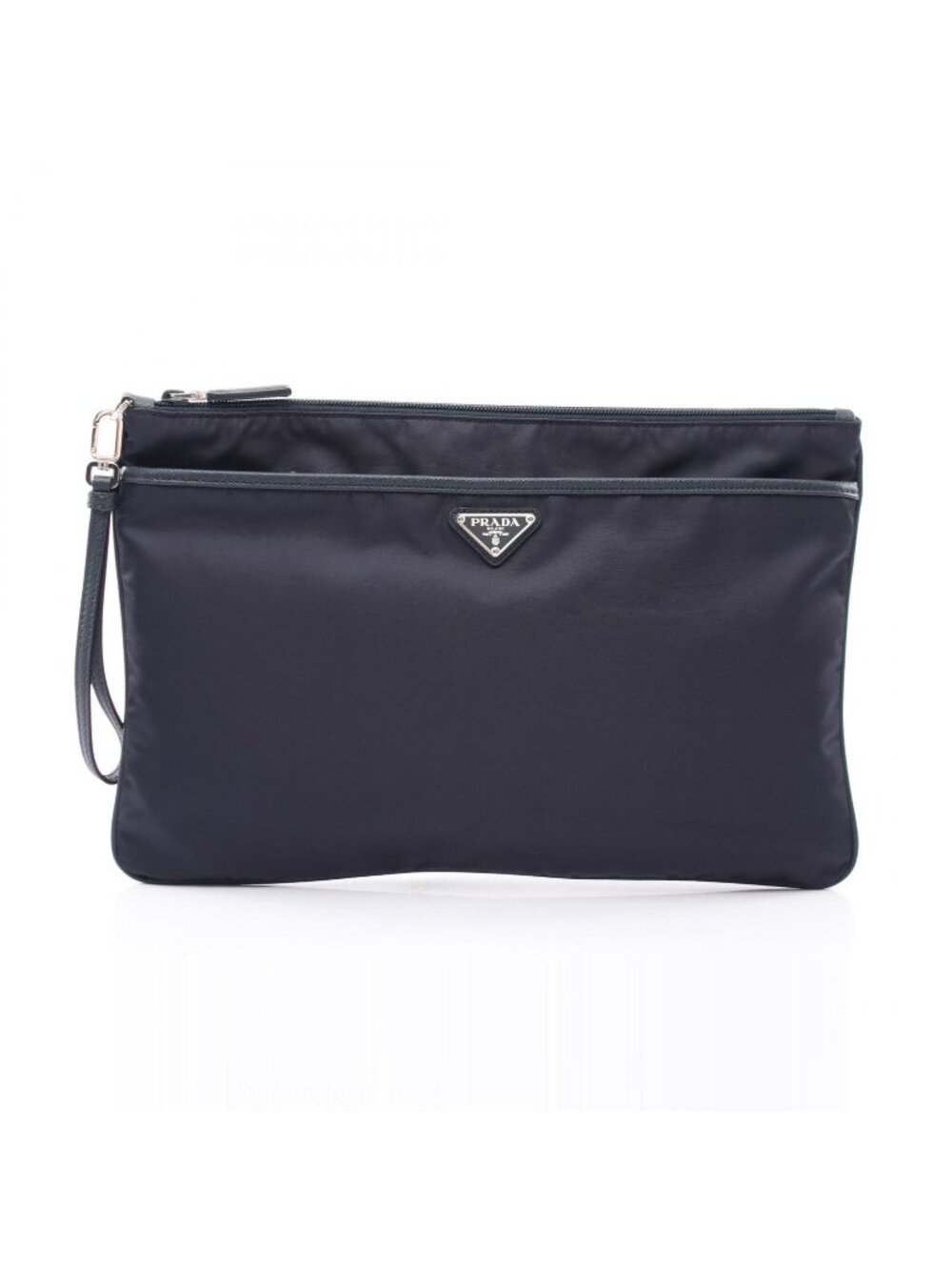 Prada Clutch Tessuto Saffiano Navy Nylon Leather Triangle Logo